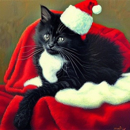 Fluffy Black Kitten in Santa Hat Oil Painting