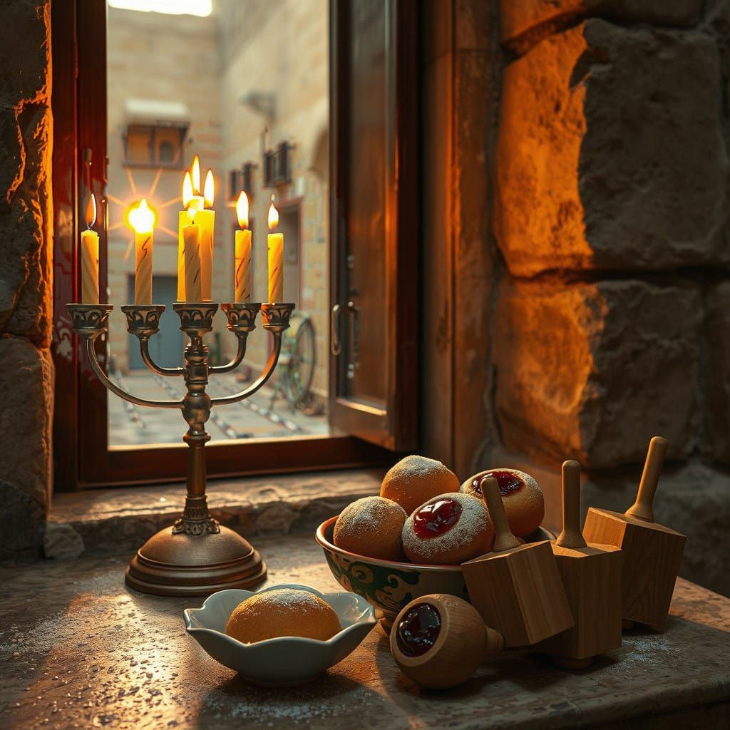 Chanukah Menorah Lit in Jerusalem's Jewish Quarter at Sunset