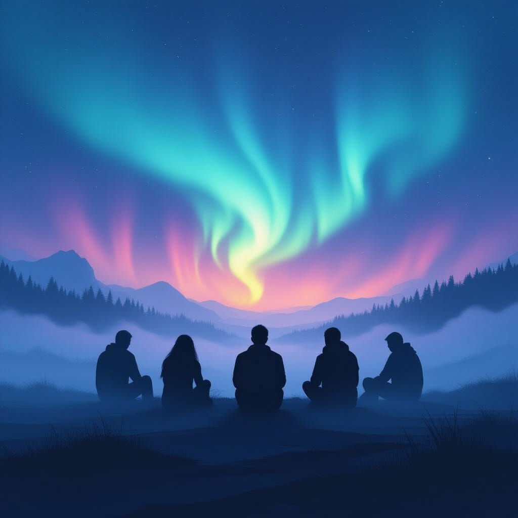 Abstract Figures in Misty Aurora