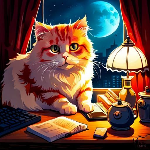 Fluffy Chibi Cat at Computer in Detailed Digital Art