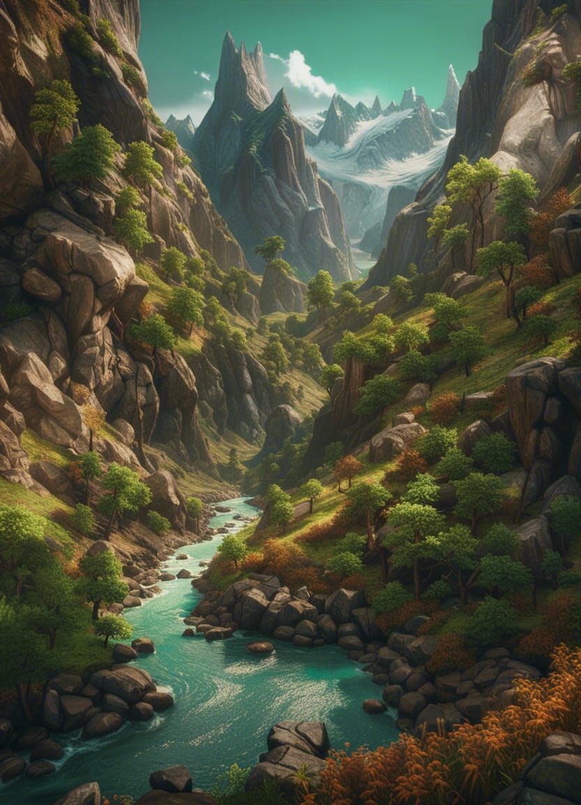 Lush Valley Landscape in Hypermaximalist Style