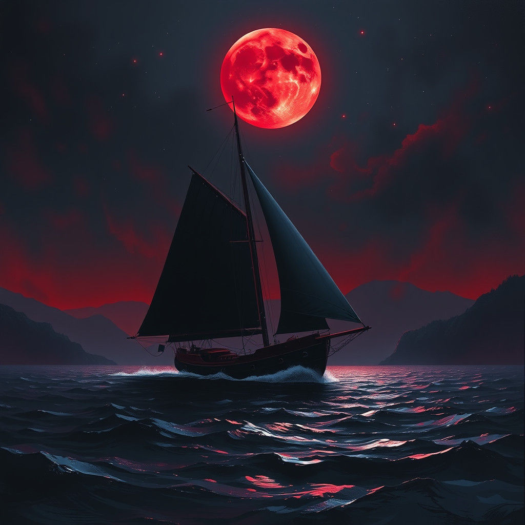 Blood Moon Sailboat on Mystical Lake