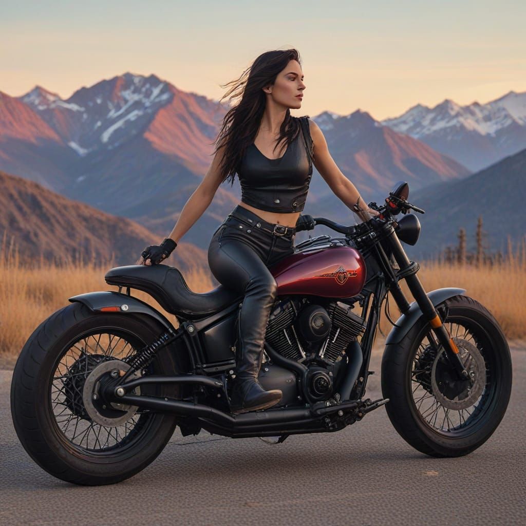 Edgy Biker Goddess in Black Leather, Red Hair, and Golden Su...
