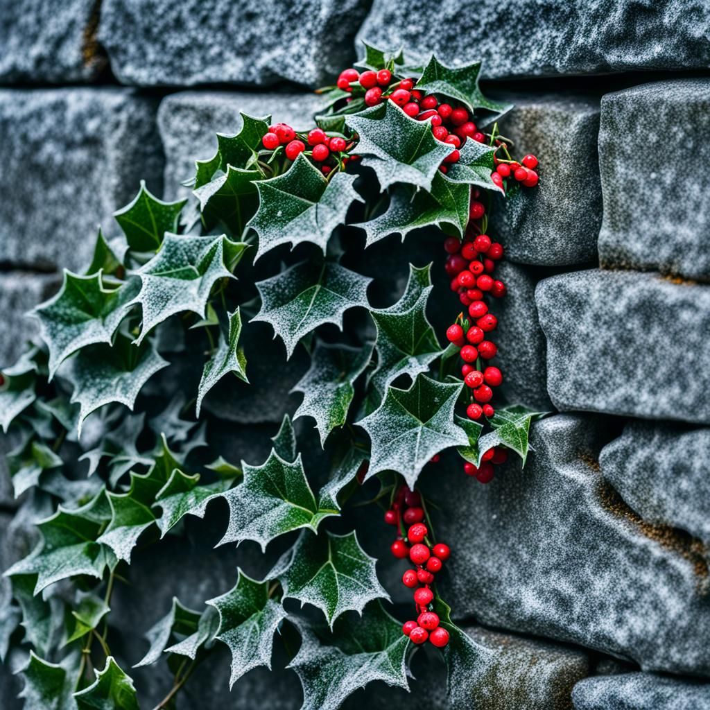 Festive Holly Berries and Ivy in Winter Landscape