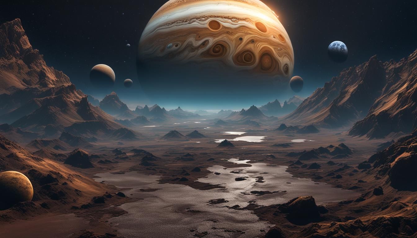 Detailed Matte Painting of Planet Jupiter and Moons