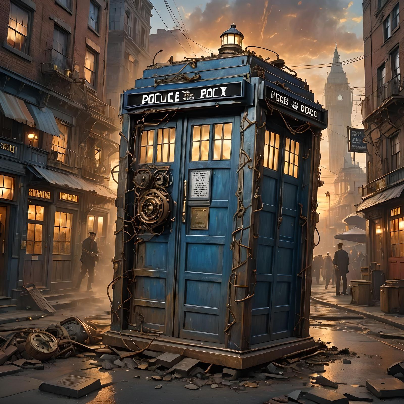Steampunk TARDIS in Dystopian Sunset Street View