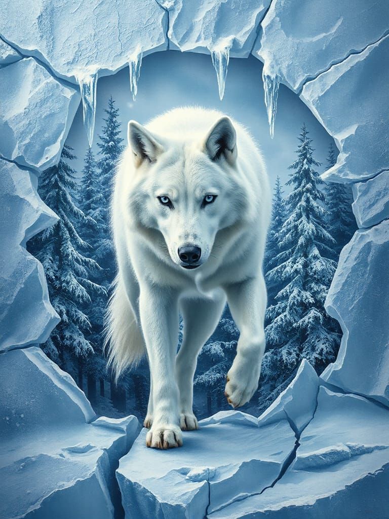 Majestic Winter Wolf Emerges from Icy Mural