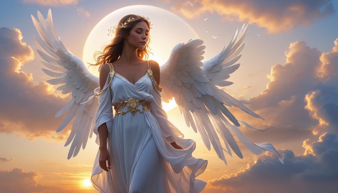 Angel Girl in Heaven at Sunrise