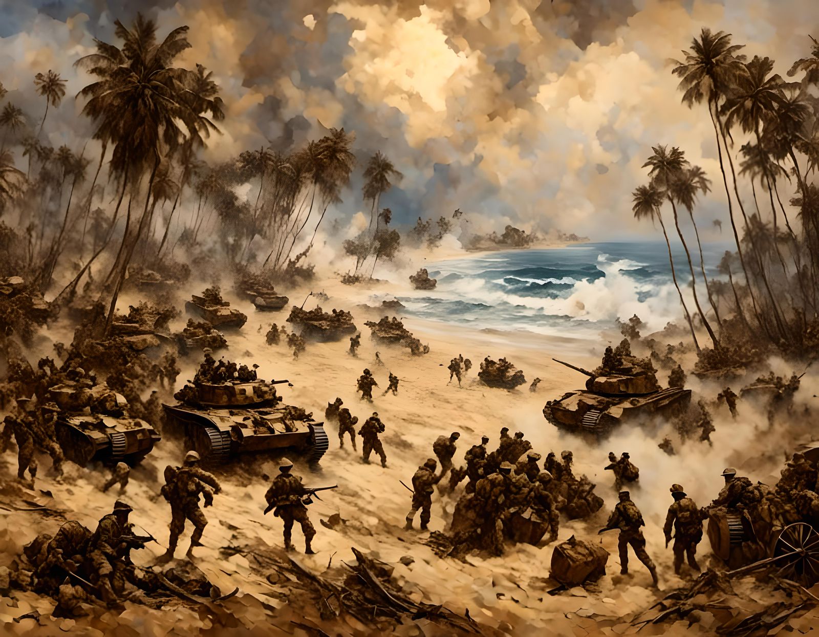 World War 2 Pacific Island Battle in Impressionist Style