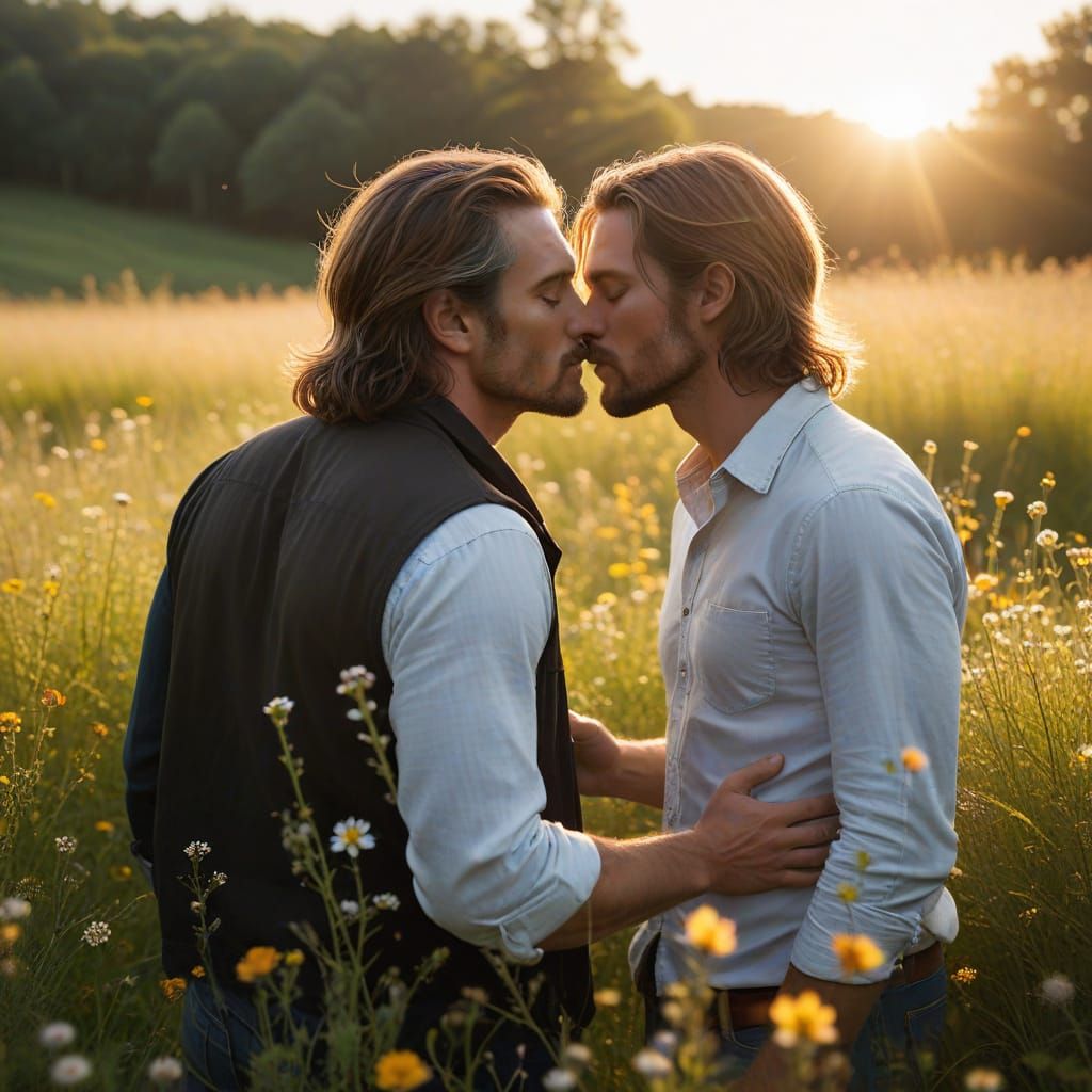 Men Kissing in Meadow at Sunset, Professional Photography