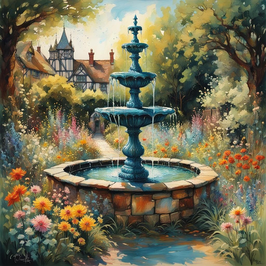 Old English Tudor Manor - ornate water fountain