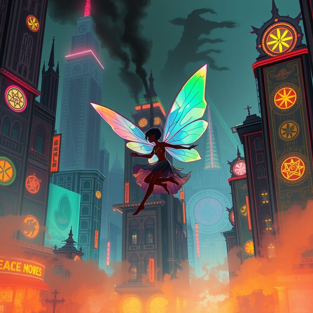 Geometric Fairy in Neon Cityscape, Dadaism Style