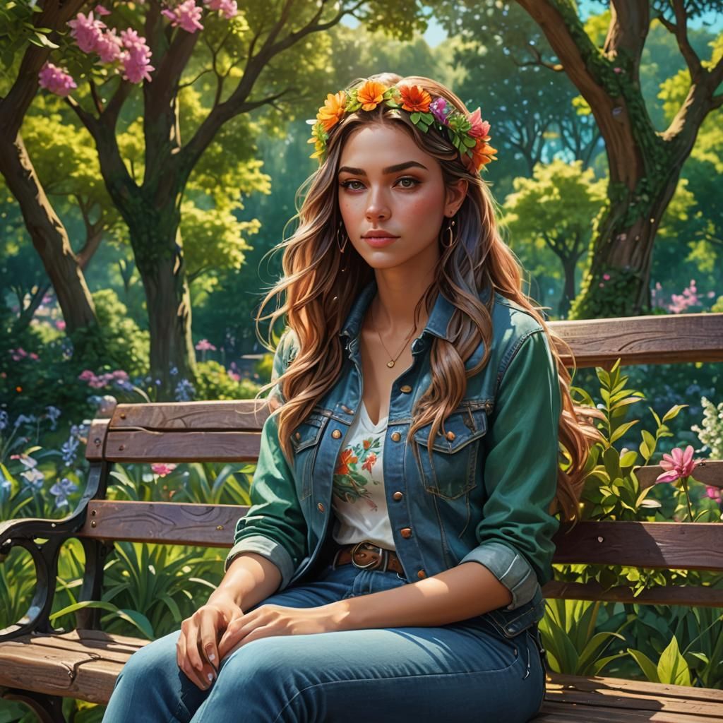 Girl on Park Bench in Lush Summer Fantasy Art