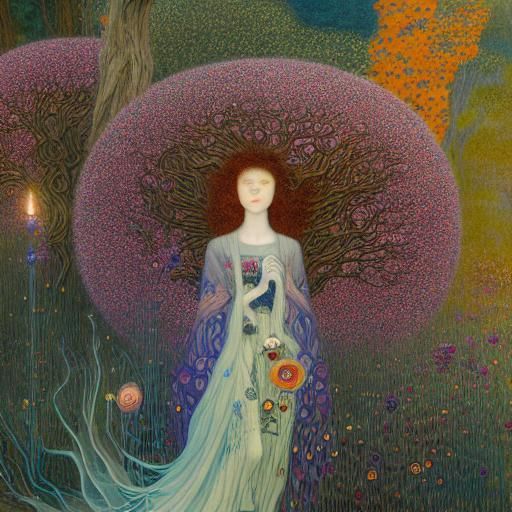 Sunset Woman in Floral Forest, Magic Realism