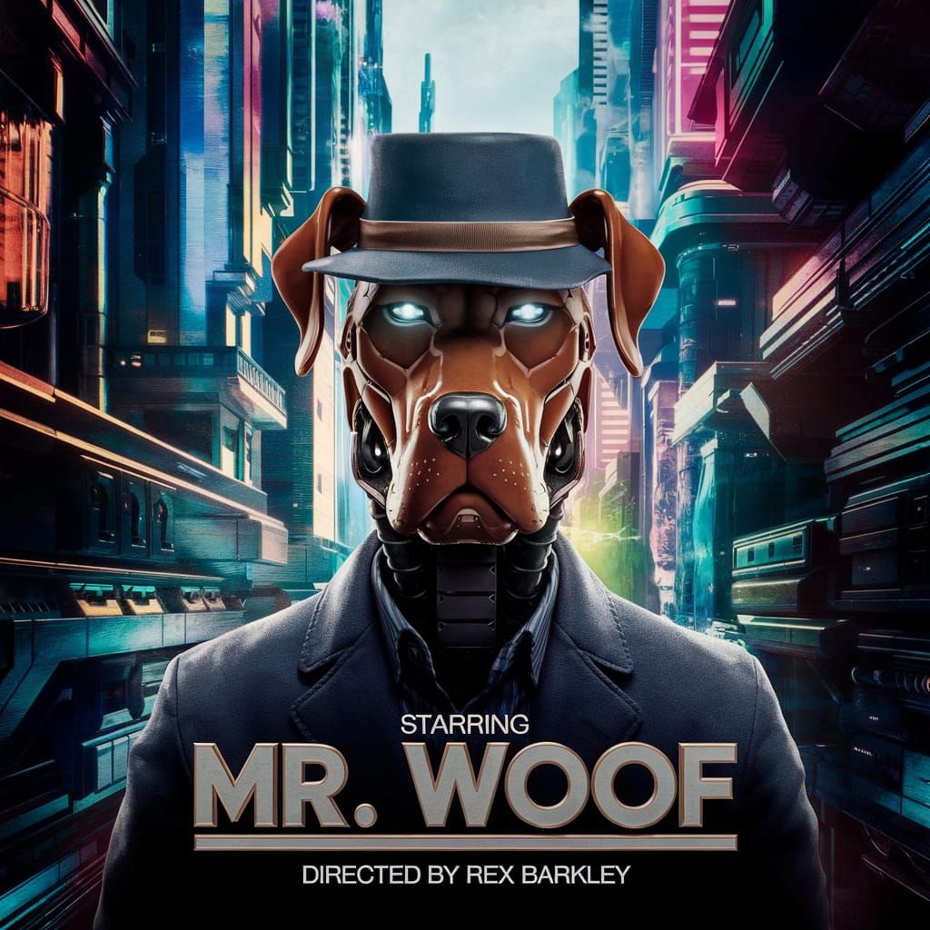 Robotic Dog Detective Movie Poster in Neon Futuristic City