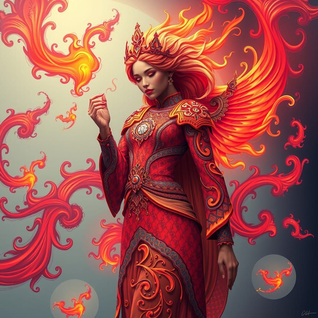 Cyberpunk Digital Art of a Fire Princess in Vibrant Flames