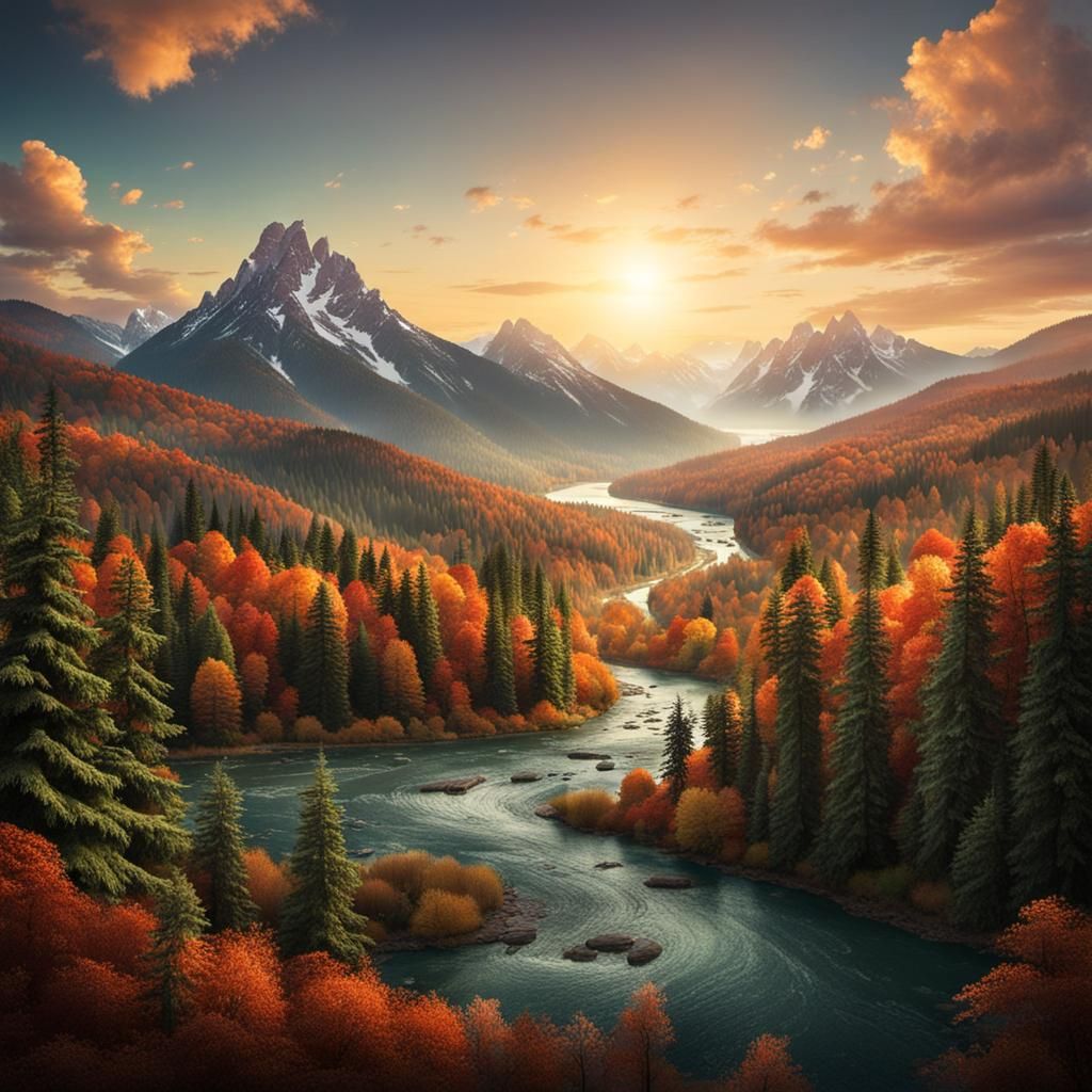 Lush Forest of Trees, Mountains, and Rivers