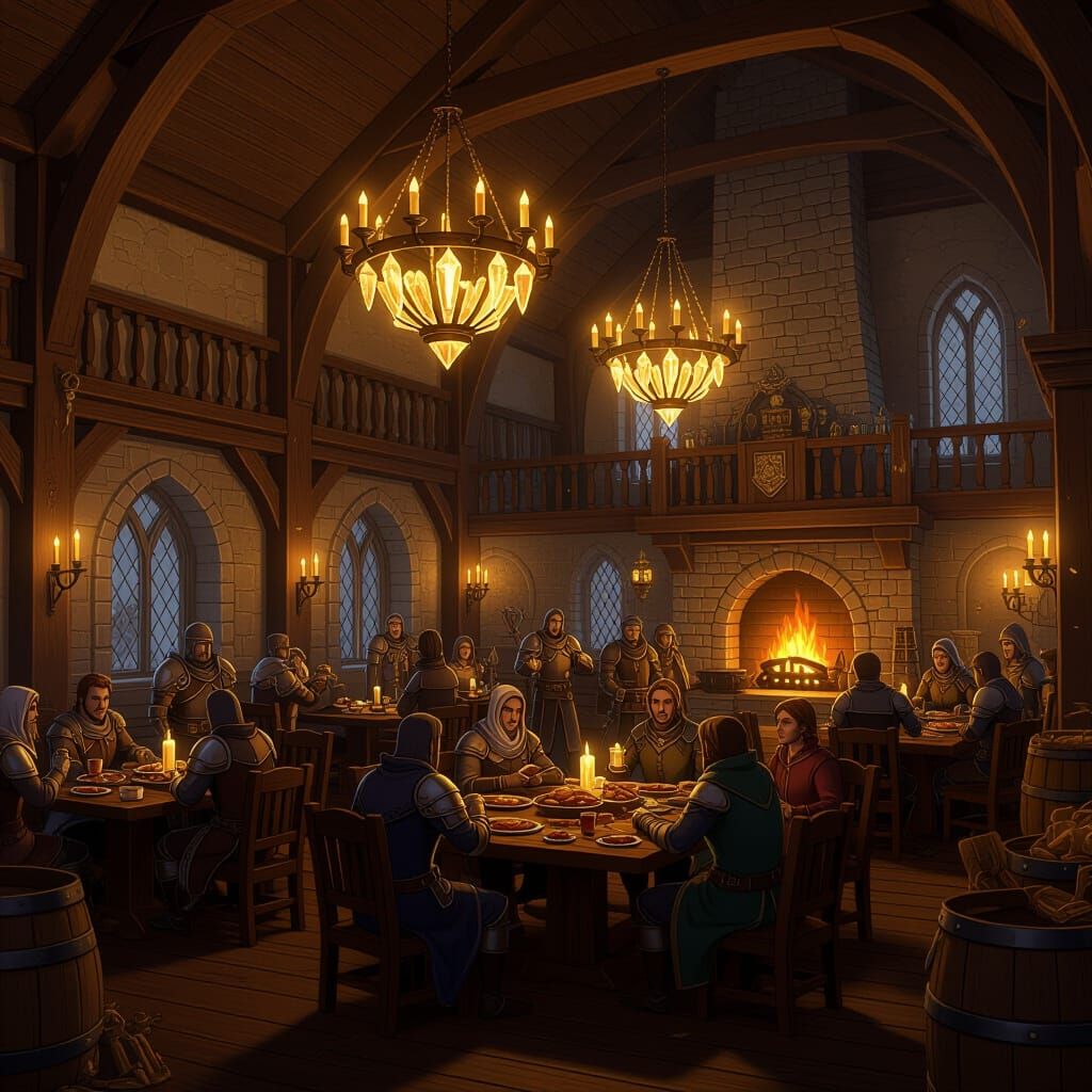 Grand Fantasy Tavern Interior with Knights and Mages