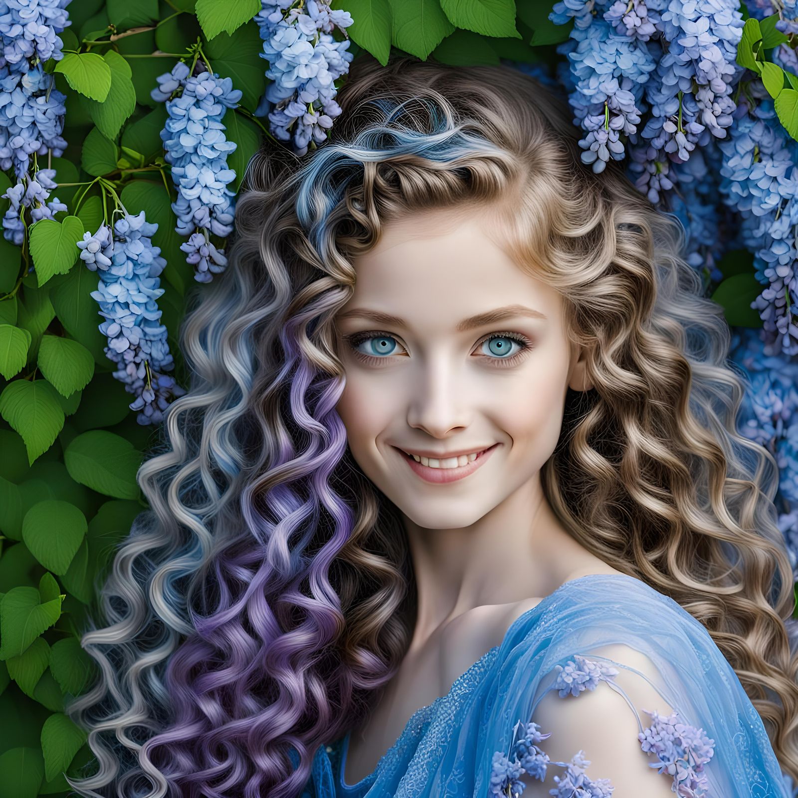 Renaissance Woman with Wisteria and Blue Eyes