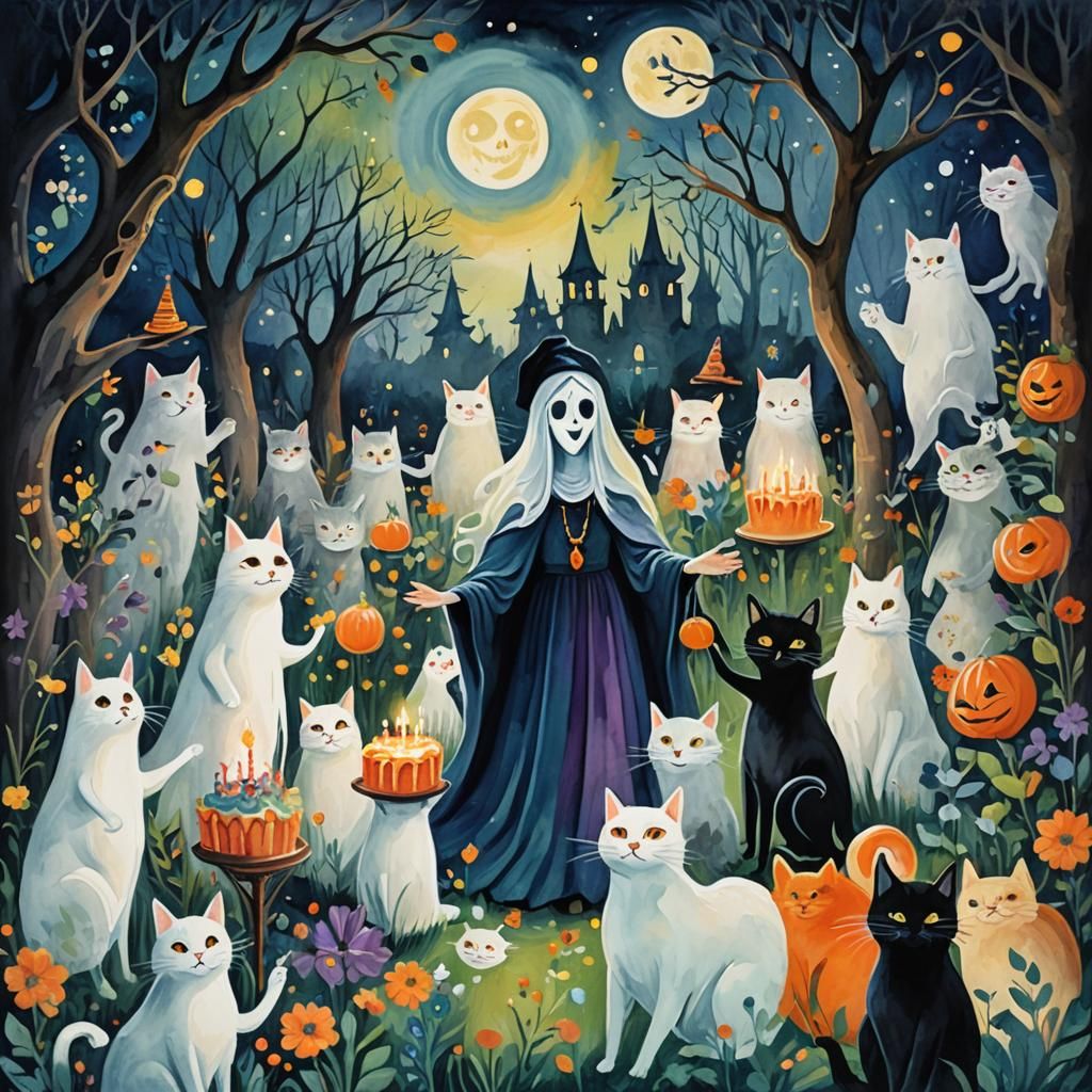 Whimsical Birthday Celebration: Ghost, Witch, and Cats in Go...