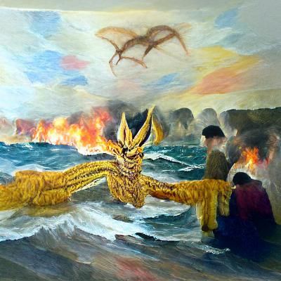 King Ghidorah Burns Isle of Wight in Painting