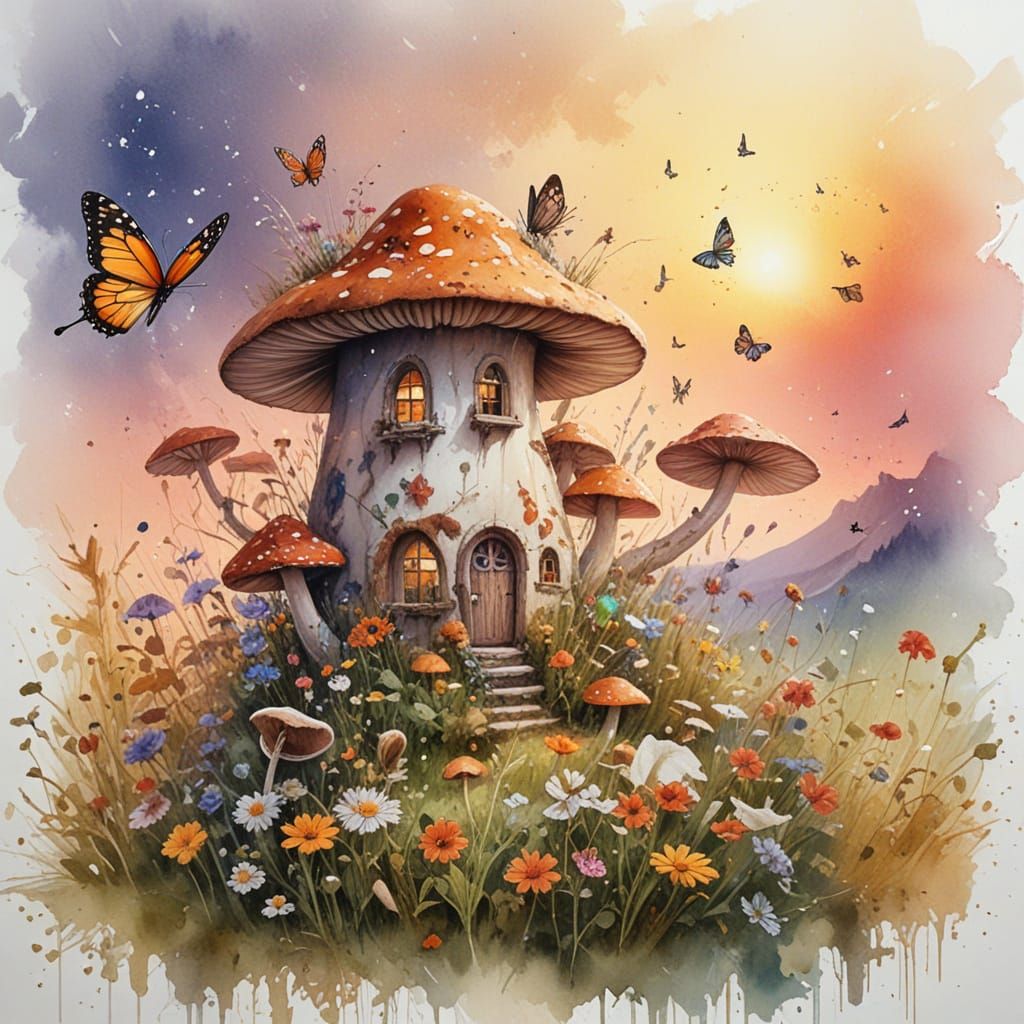 Fairytale Mushroomhouse at Sunset in Watercolour Style