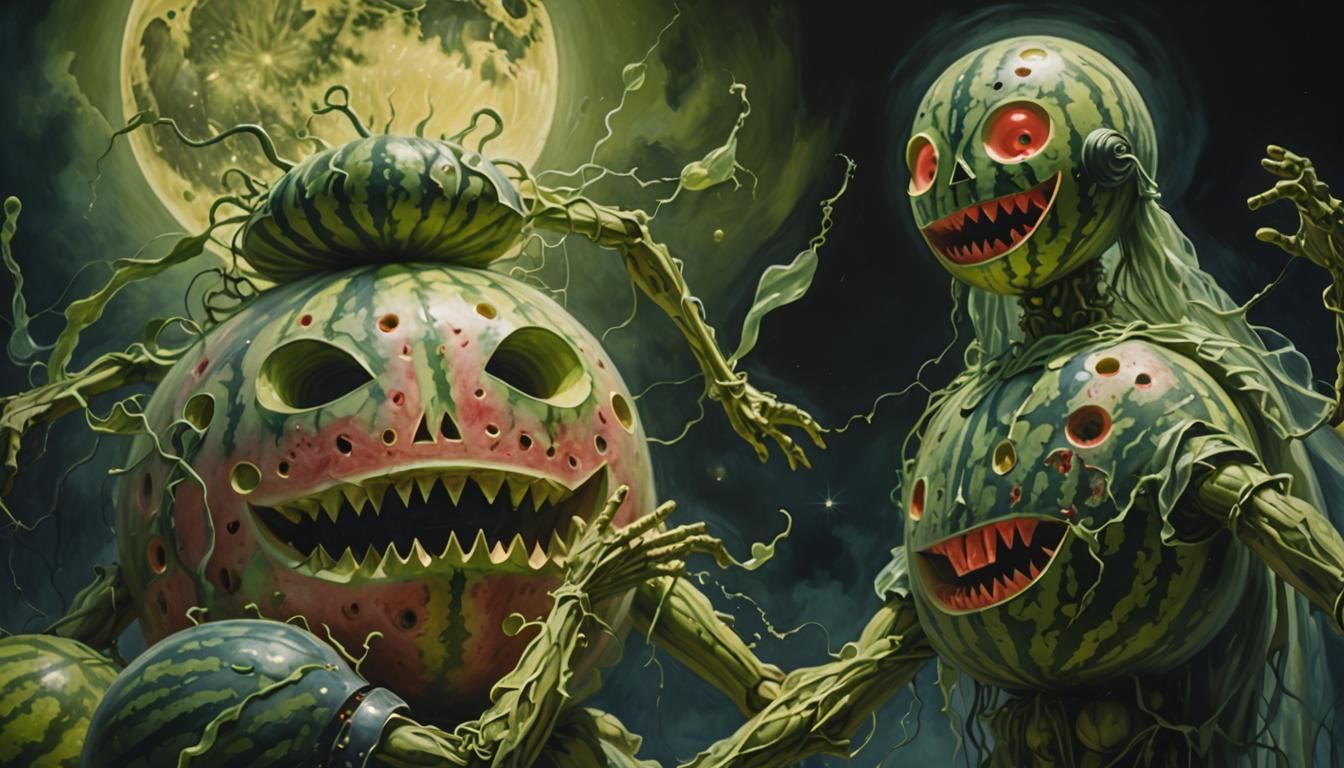 Watermelon Man Dancing with Ghosts in Moonlight