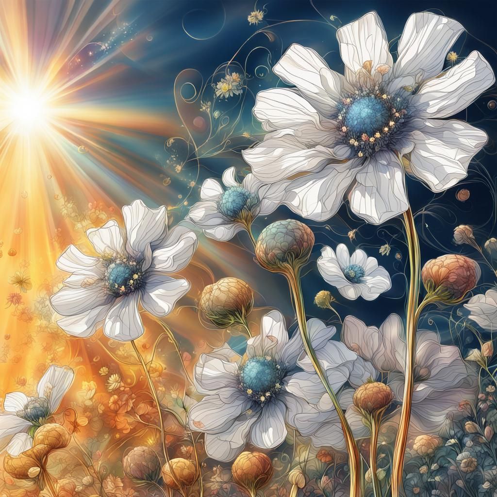 Hyperrealistic Flowers in Sunlight: Digital Fantasy Art