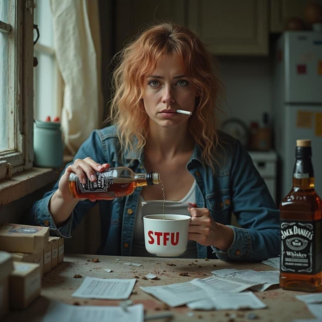 Grumpy Woman Pours Whiskey in Coffee