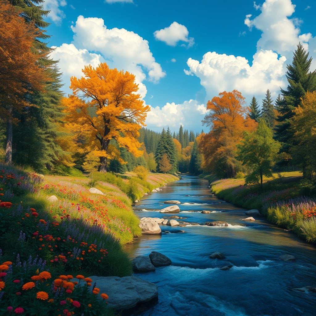 Autumn River Forest Landscape in Realistic Digital Art Style