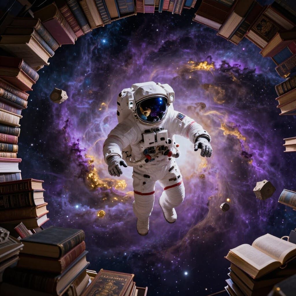Astronaut Adrift with Floating Library in Cosmic Nebula