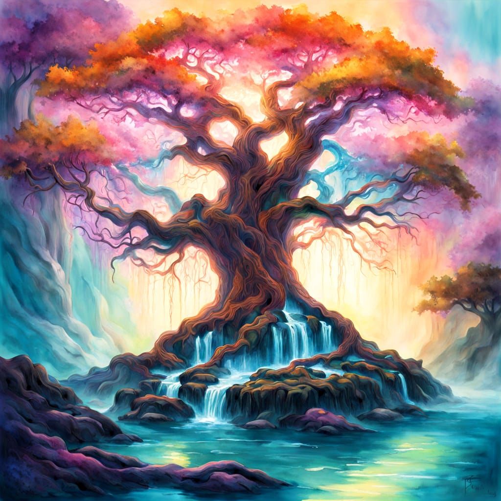 Ancient Bioluminescent Tree With Waterfall In Dreamlike Styl...