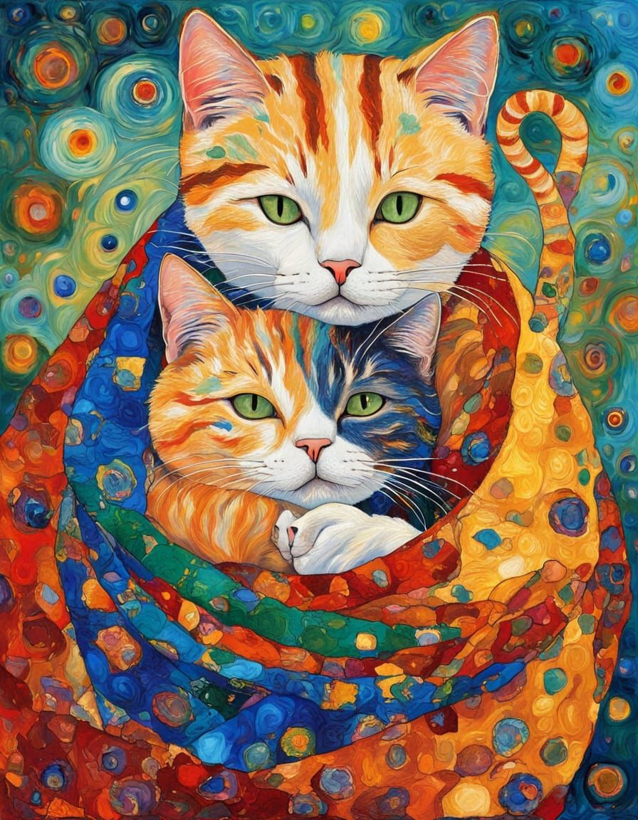 Cats Embrace: A Klimt-Inspired Impasto Painting