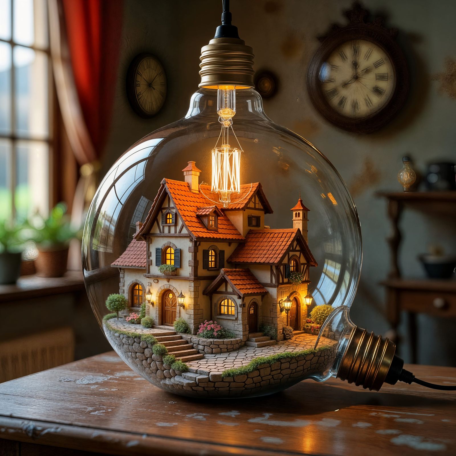 Glowing Village in Light Bulb, Dreamlike Architecture