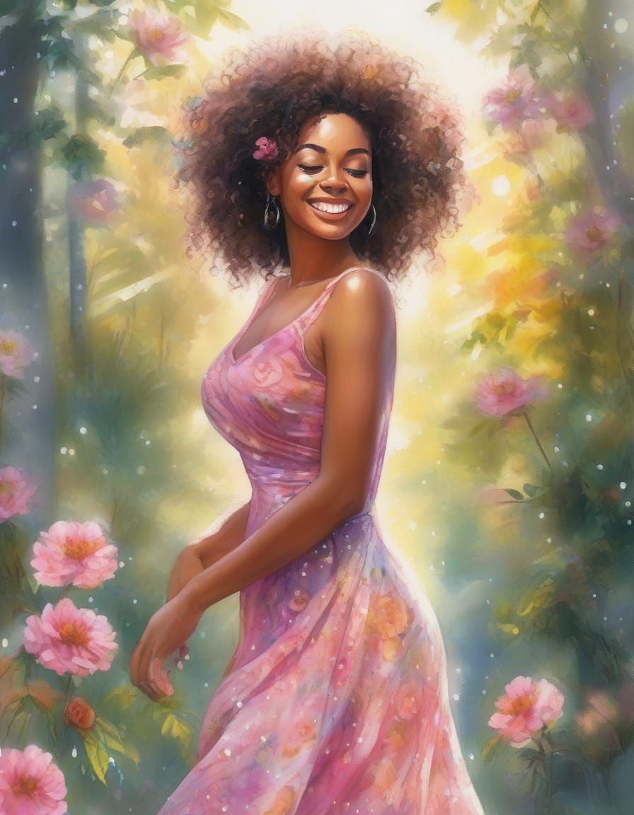 Woman Dancing in Rainbow Dress in Sunny Forest