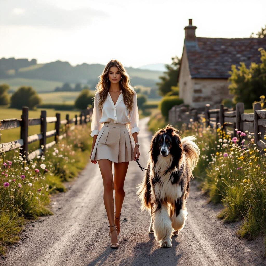 Stylish Woman and Afghan Hound on Rural Road