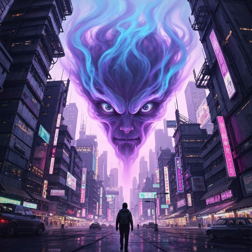 Bioluminescent Smoke Monster Rises in Cyberpunk City