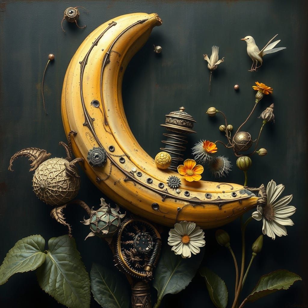 Steampunk Botanical Illustration of a Mechanical Banana