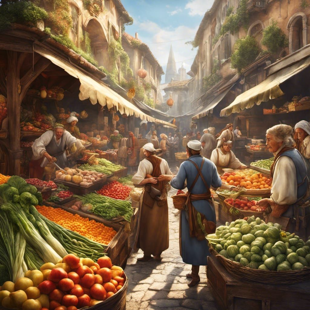 Lively Market with Cheerful Vendor, Digital Matte Painting
