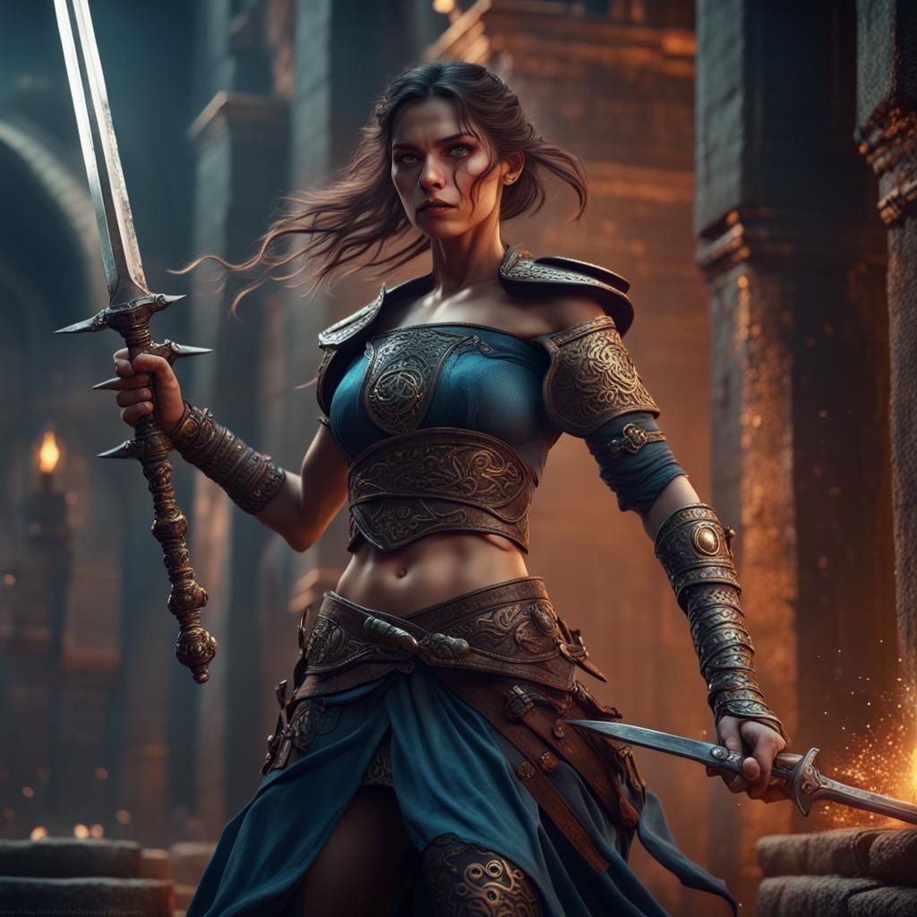 Warrior Woman Raises Sword in Detailed Fantasy Art
