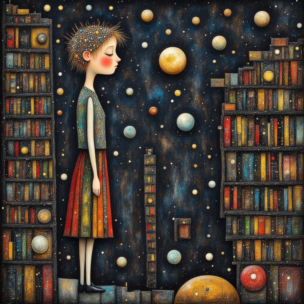 Surreal Library with Levitating Books and Distorted Shelves