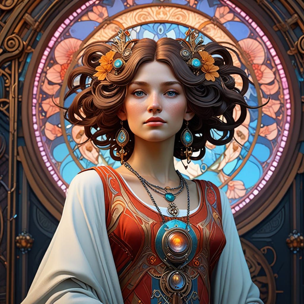 Surreal Fantasy Being in Vibrant, Hyper-Realistic Art Nouvea...