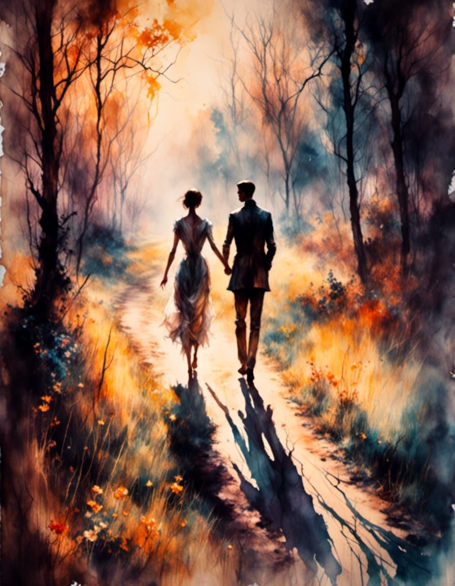 Impressionist Couple Stroll in Park at Sunset