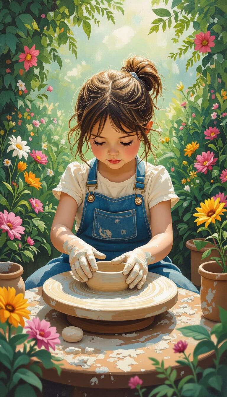 Girl Concentrates on Pottery Wheel: Dreamlike Illustration