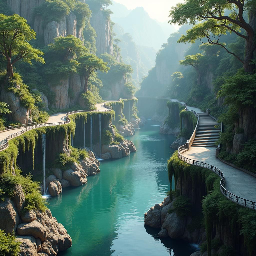 Serene Water Canal with Waterfalls in Photorealistic Style