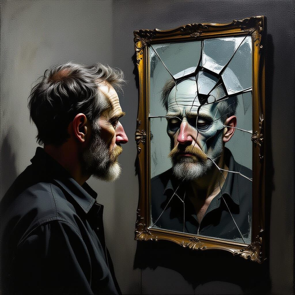 Man Sees Broken World Reflected in Mirror