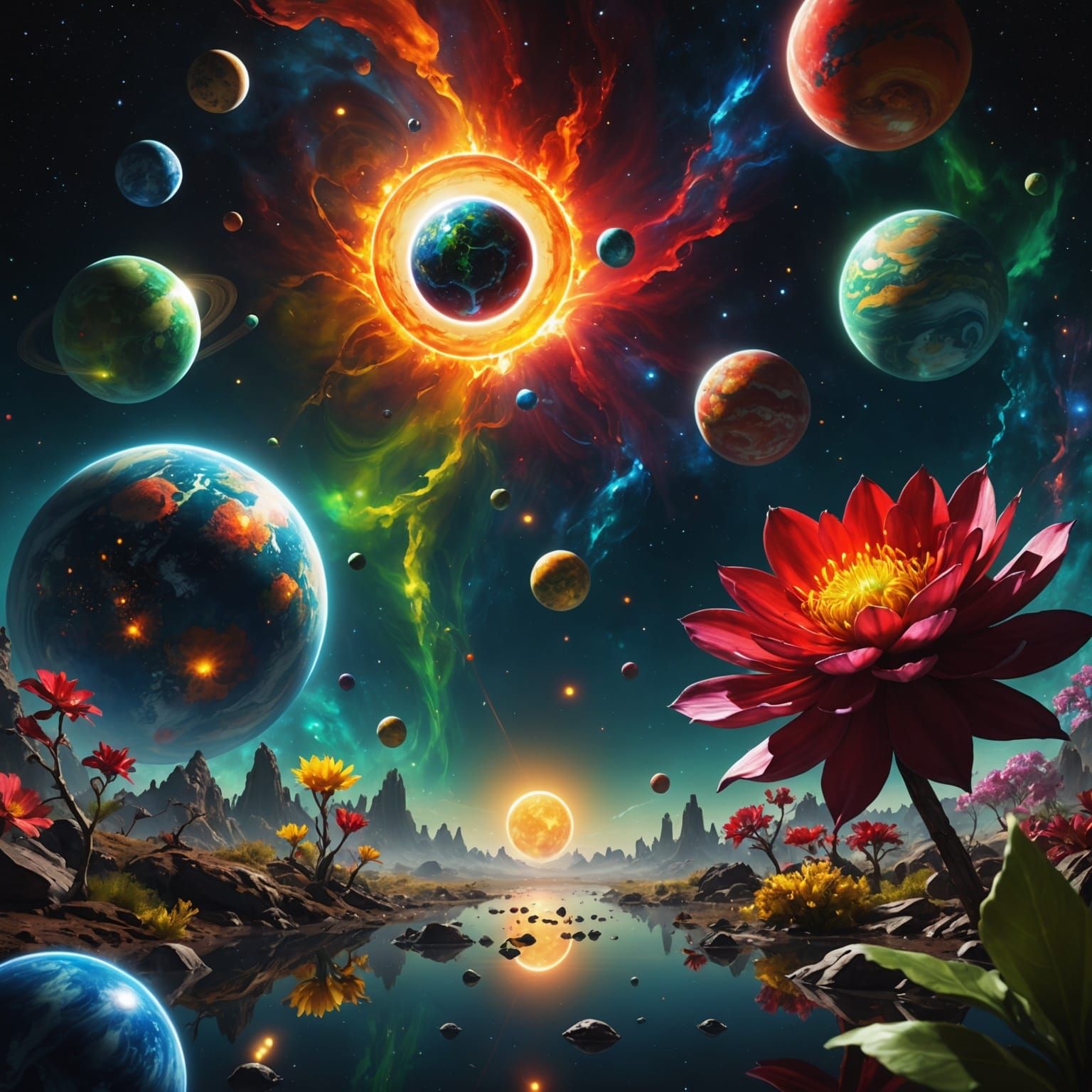 Exotic Galaxy with Fire Sun and Giant Blossoms