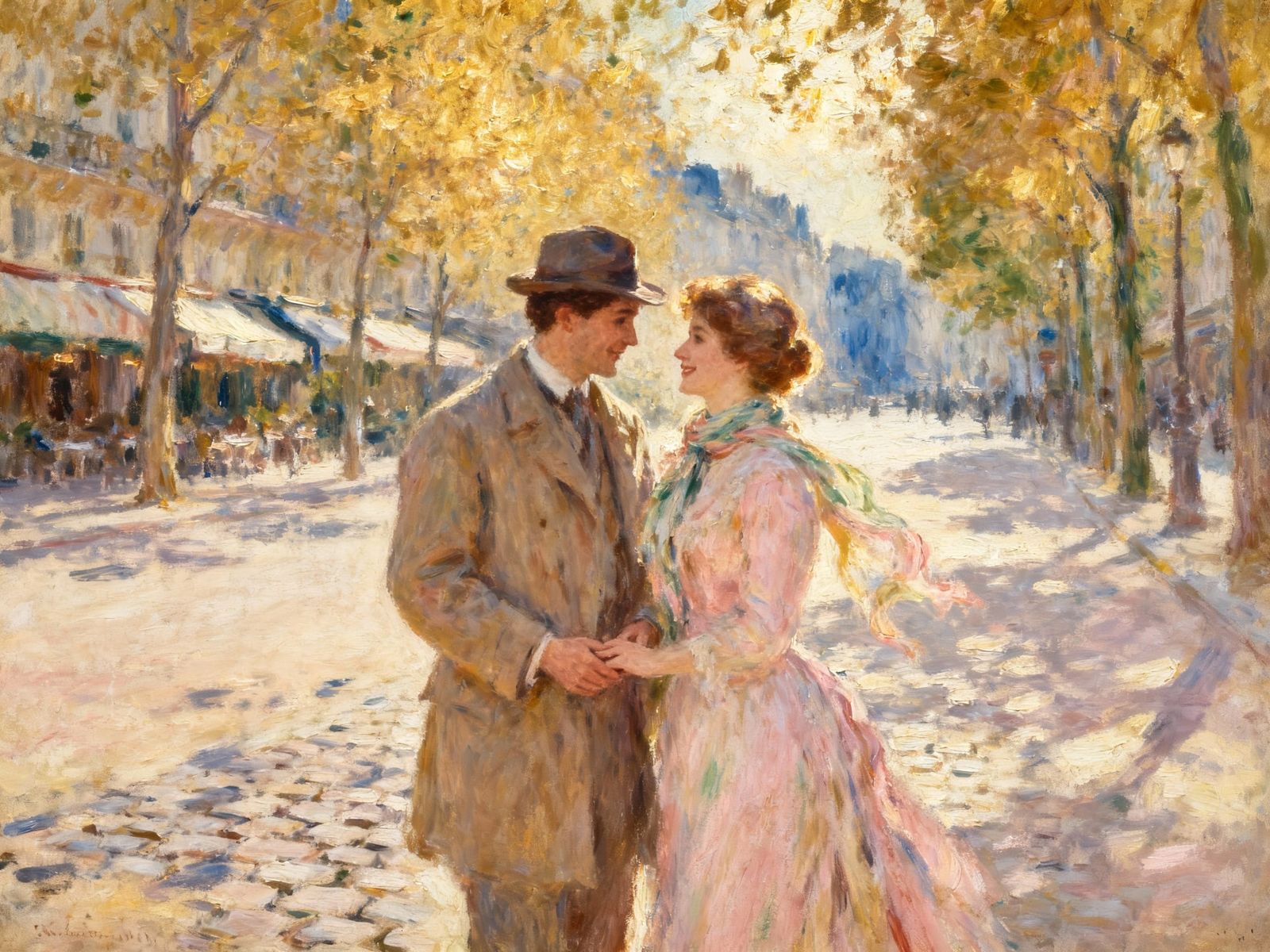 Impressionist Couple's Romantic Moment on Parisian Street