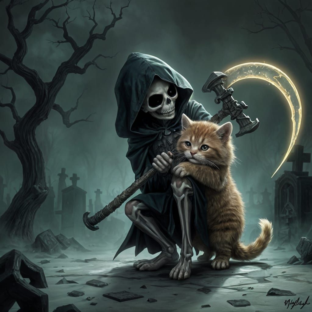 Whimsical Grim Reaper and Kitten Illustration