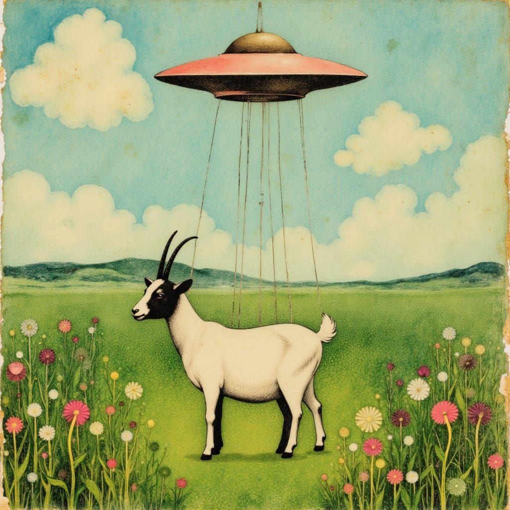 Whimsical Goat and Flying Saucer Collage